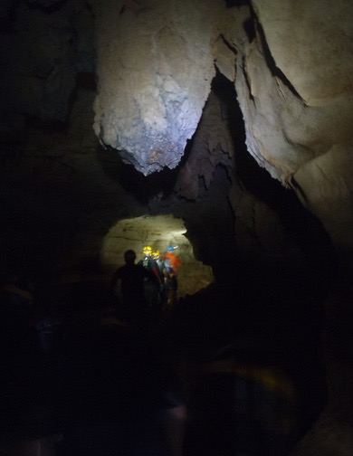 Members of my group head into a tunnel.