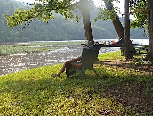 Jim relaxes after setting up camp.